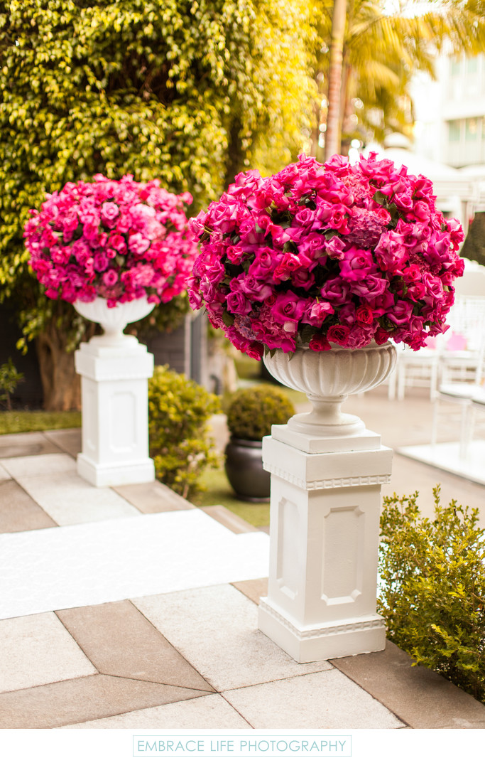Huge Pots of Fuchsia Roses on Pedestals Viceroy Santa Monica Wedding