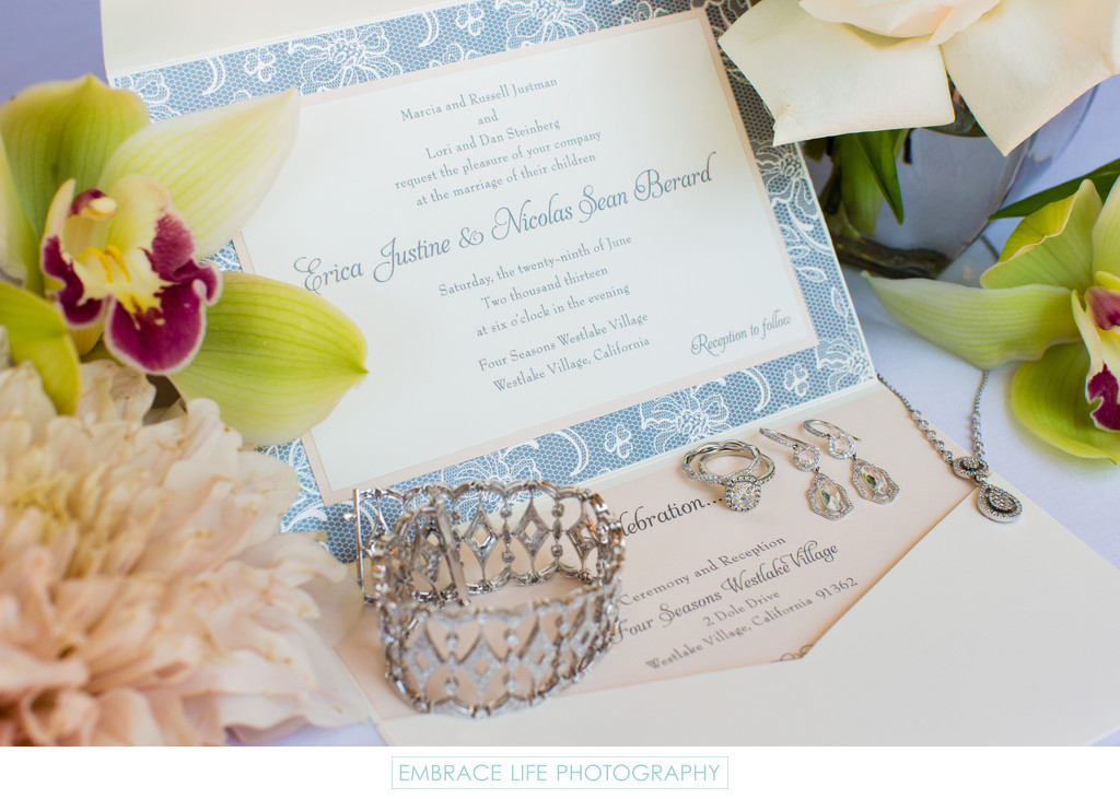 Blue Floral Wedding Invitation and Ring
