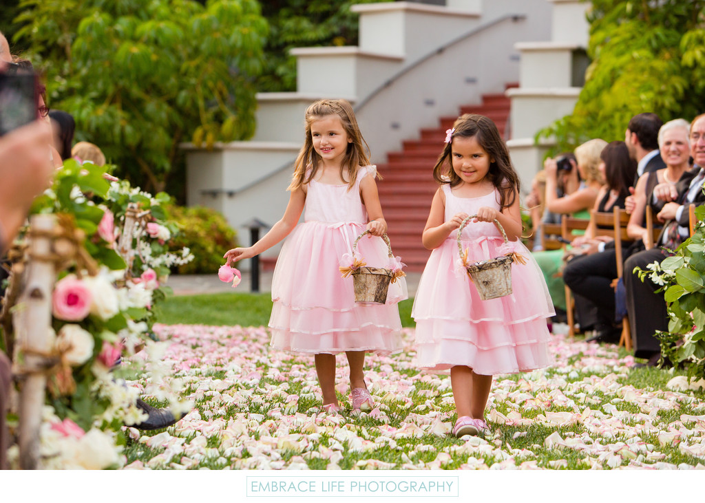 Flower Girls in Pink Dresses with Bark Flower Baskets
