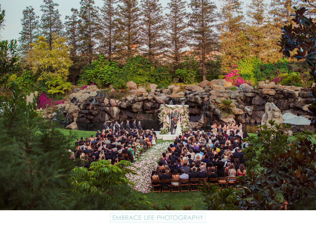 Garden Waterfall Wedding Ceremony with Redwood Trees