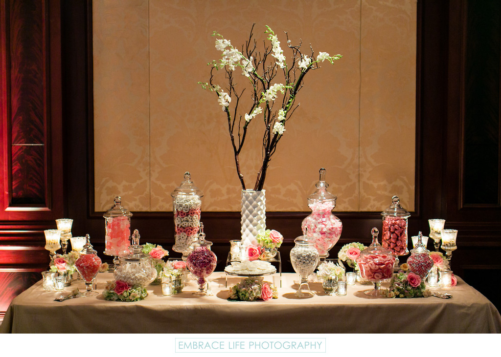 Wedding Reception Candy Table with Apothecary Jars