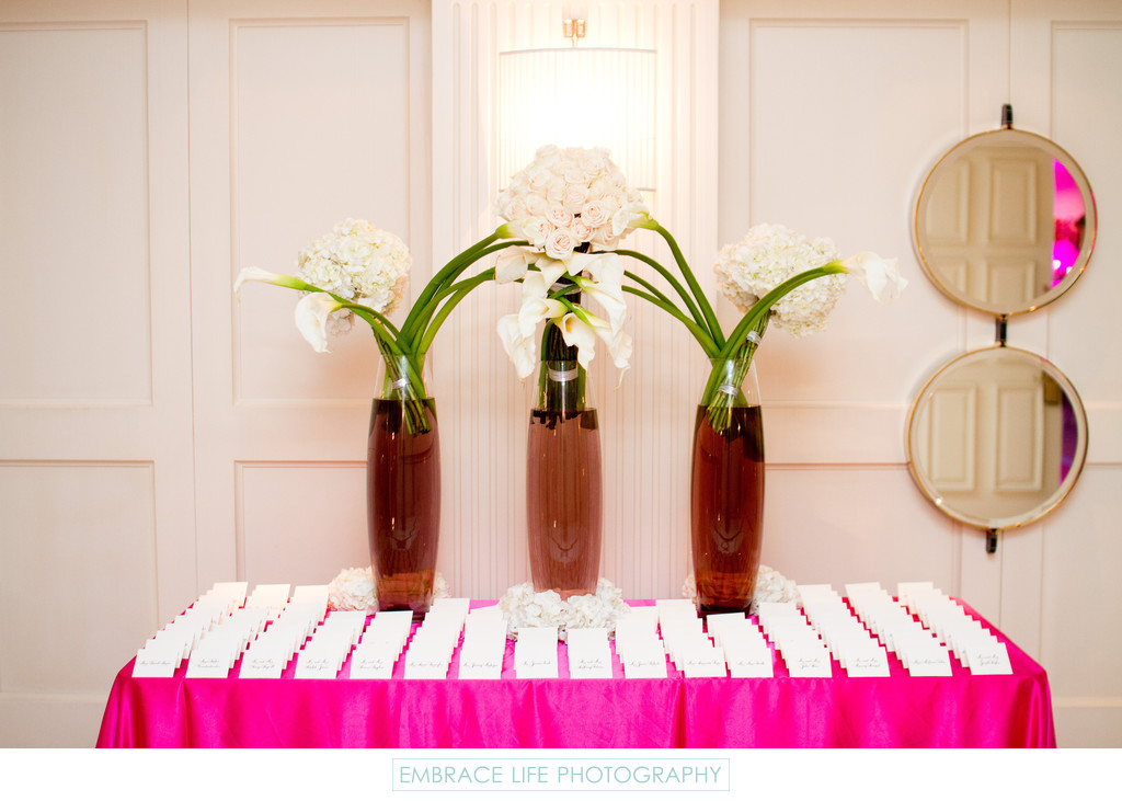 Hot Pink Wedding Reception Place Card Display Table