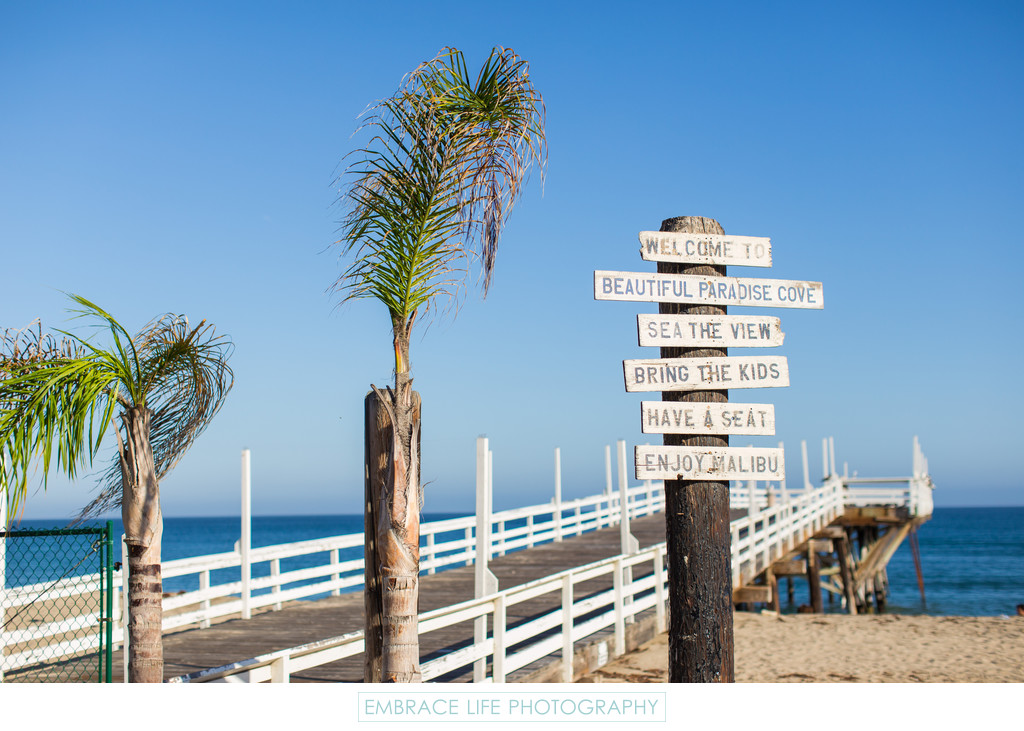 Paradise Cove Beach, Pier & Signage in Malibu, CA