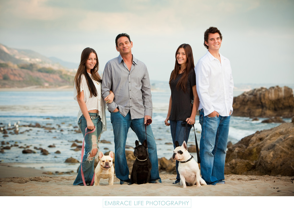 Family Portrait with dogs on Malibu Beach