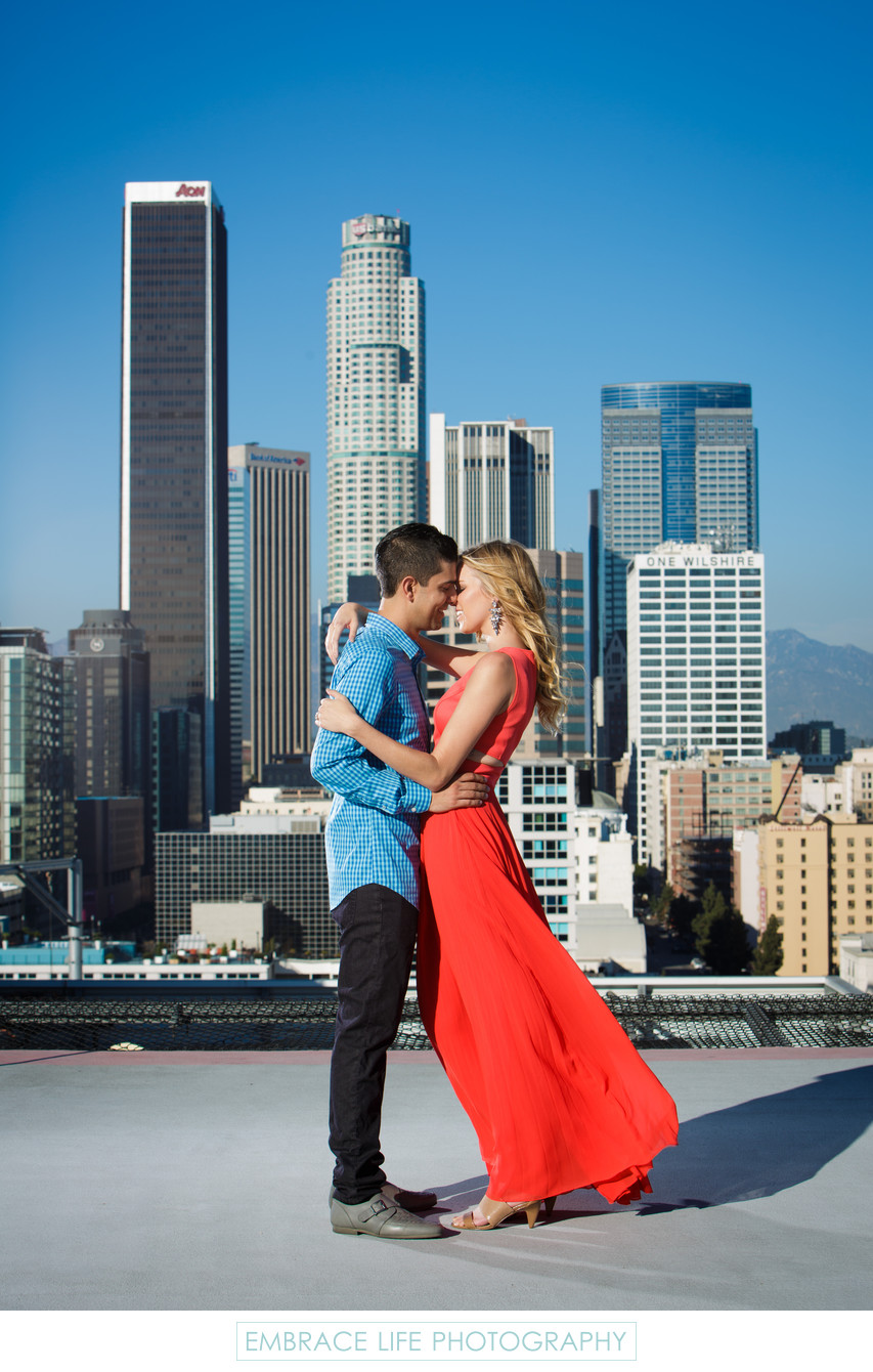 Downtown Los Angeles Engagement Portrait on a Rooftop