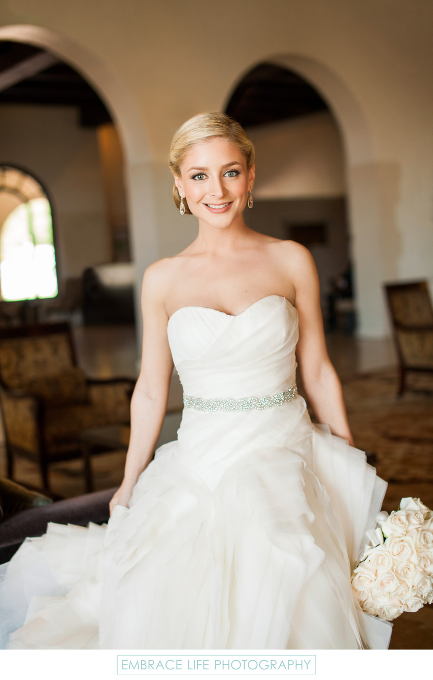 Bride in Vera Wang Gown With Rhinestone Trimmed Waist