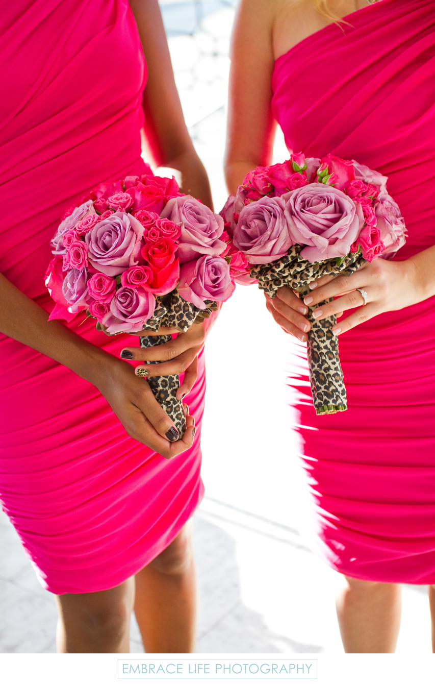 Pink Bridesmaid Dresses and Bouquets with Leopard Print