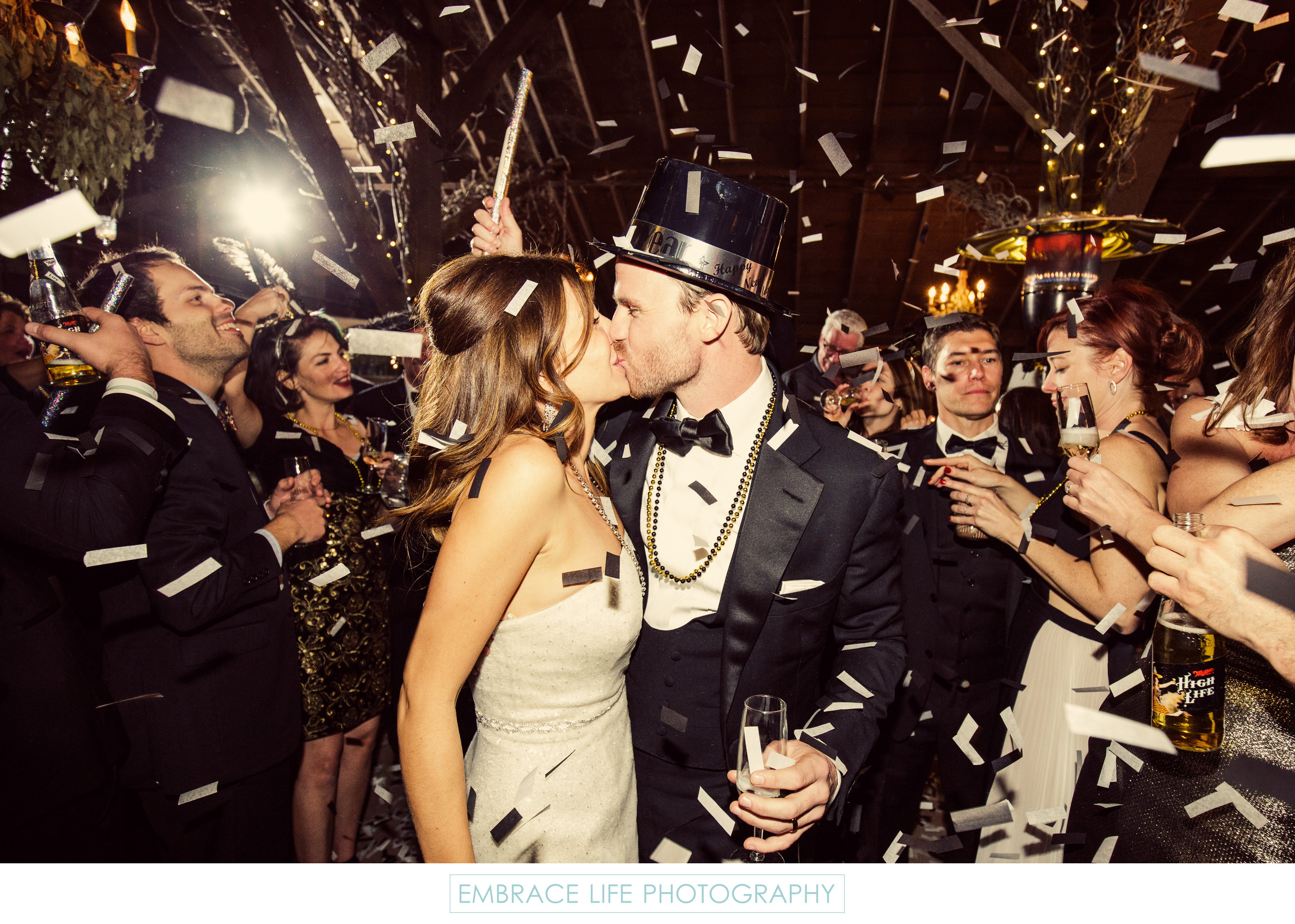 New Years Eve Wedding Couple Kissing Among Confetti Los Angeles Wedding Photography Favorites 