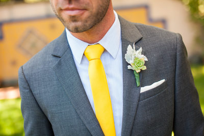 Groom w/ Facial Hair, Yellow Tie, Grey Suit, Succulent