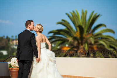 Wedding Couple Kiss with Pacific Palisades Background