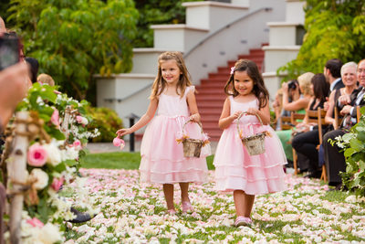 Flower Girls in Pink Dresses with Bark Flower Baskets