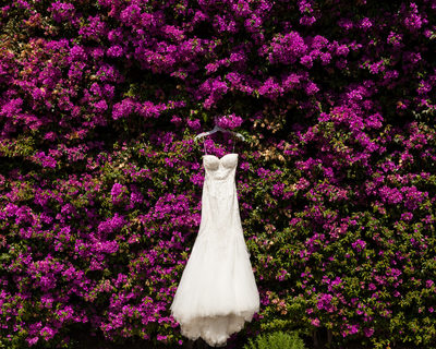 Wedding Dress Hanging on Purple Flower Wall