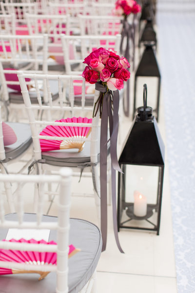 Lantern, Fuchsia Bouquet and Fan Along Aisle