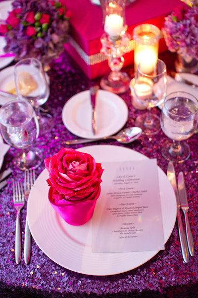 Purple Sequin Tablecloth Pink Napkin and Rose