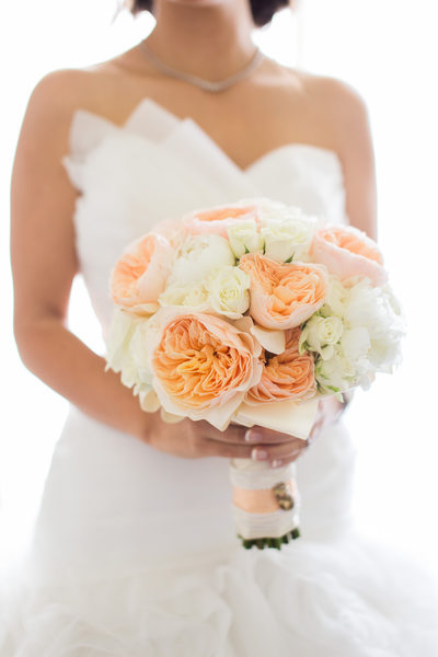 Peach Peony Bouquet and Asymmetrical Bridal Gown