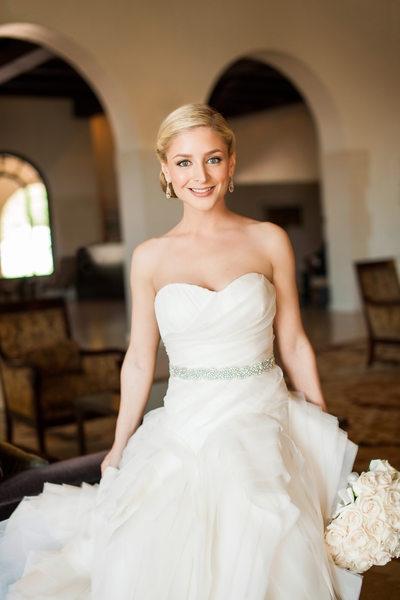 Bride in Vera Wang Gown With Rhinestone Trimmed Waist