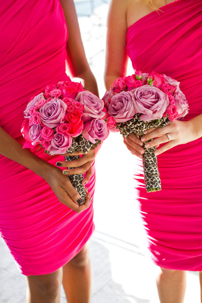 Pink Bridesmaid Dresses and Bouquets with Leopard Print