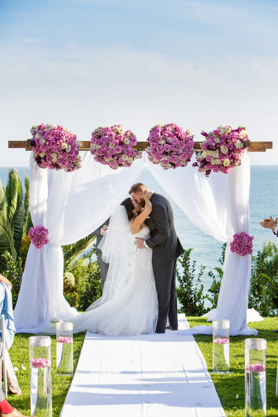 Los Angeles Beach Wedding Ceremony First Kiss