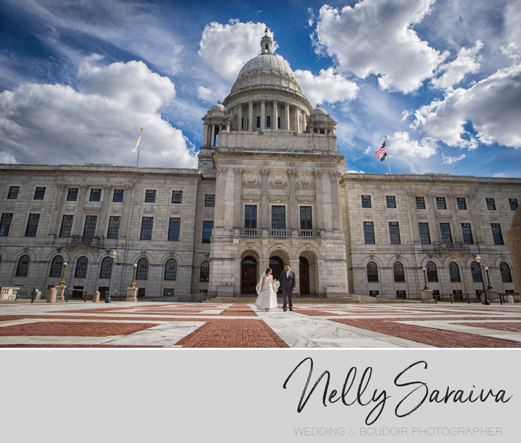Wedding day bride & groom State House Rhode Island