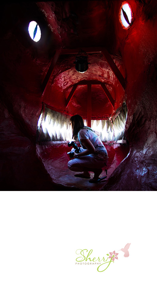 Sherri in the jaws of T-Rex Palm Springs