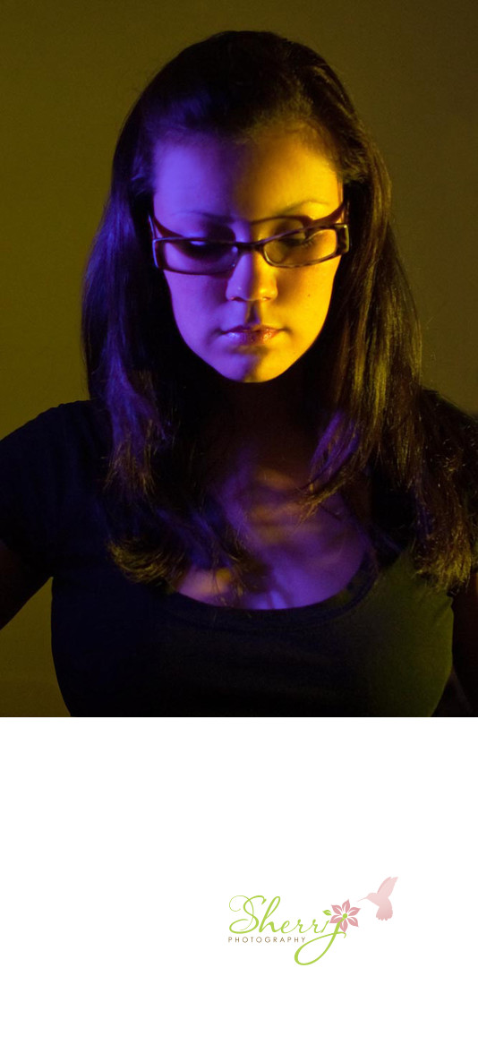 photographer Sherri J selfie purple and yellow video lights