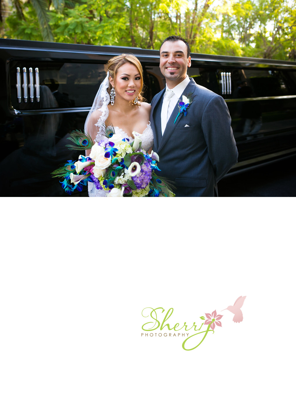 bride and groom with hummer limo