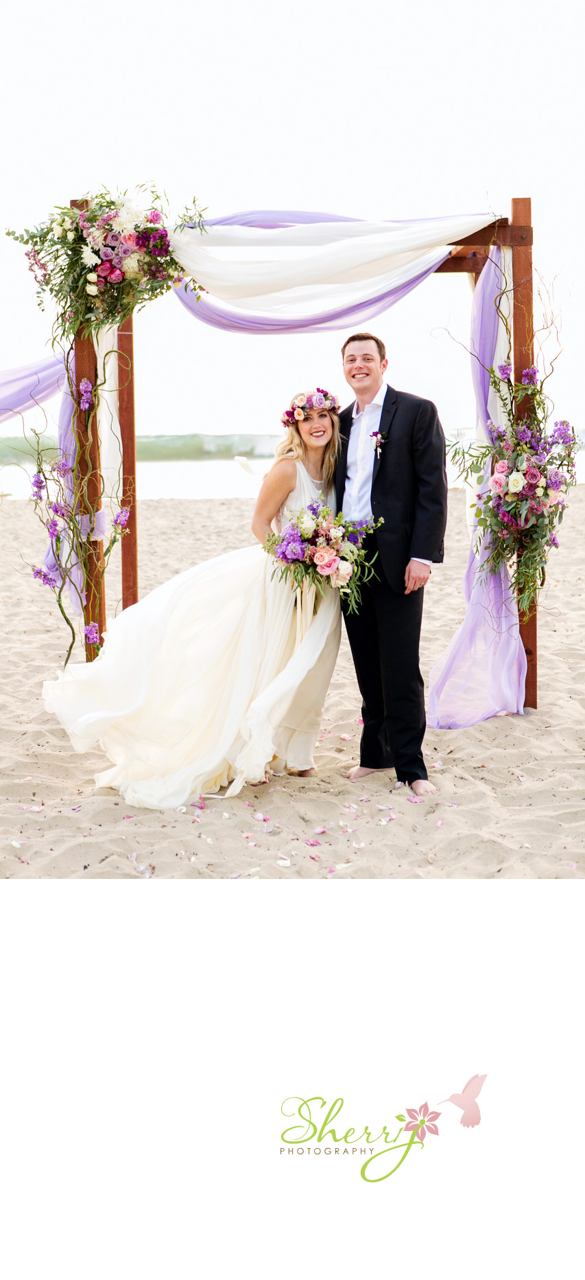 Purple Beach Wedding Bride and Groom Oc Beach Weddings