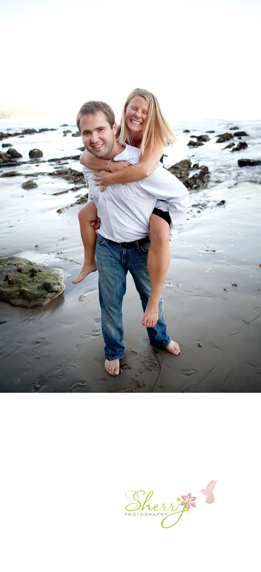 Malibu Beach engagement piggyback