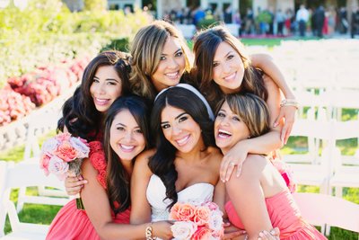 bride and bridesmaids in coral Moorpark Country Club