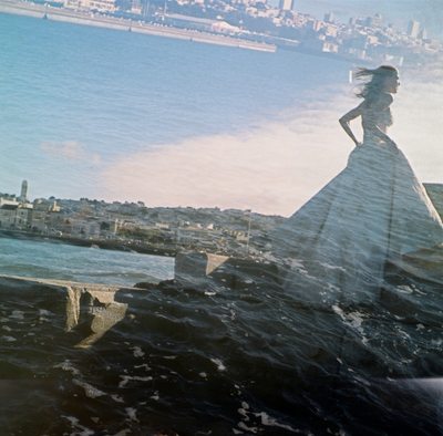 Double exposure of bride on the ocean at San Francisco