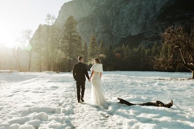 Bride and groom in snowy Yosemite