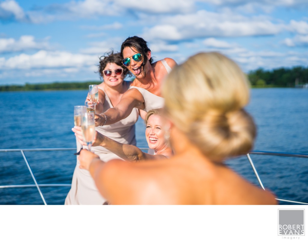 Lake Minnetonka Wedding Bride Toasting With Her Besties 