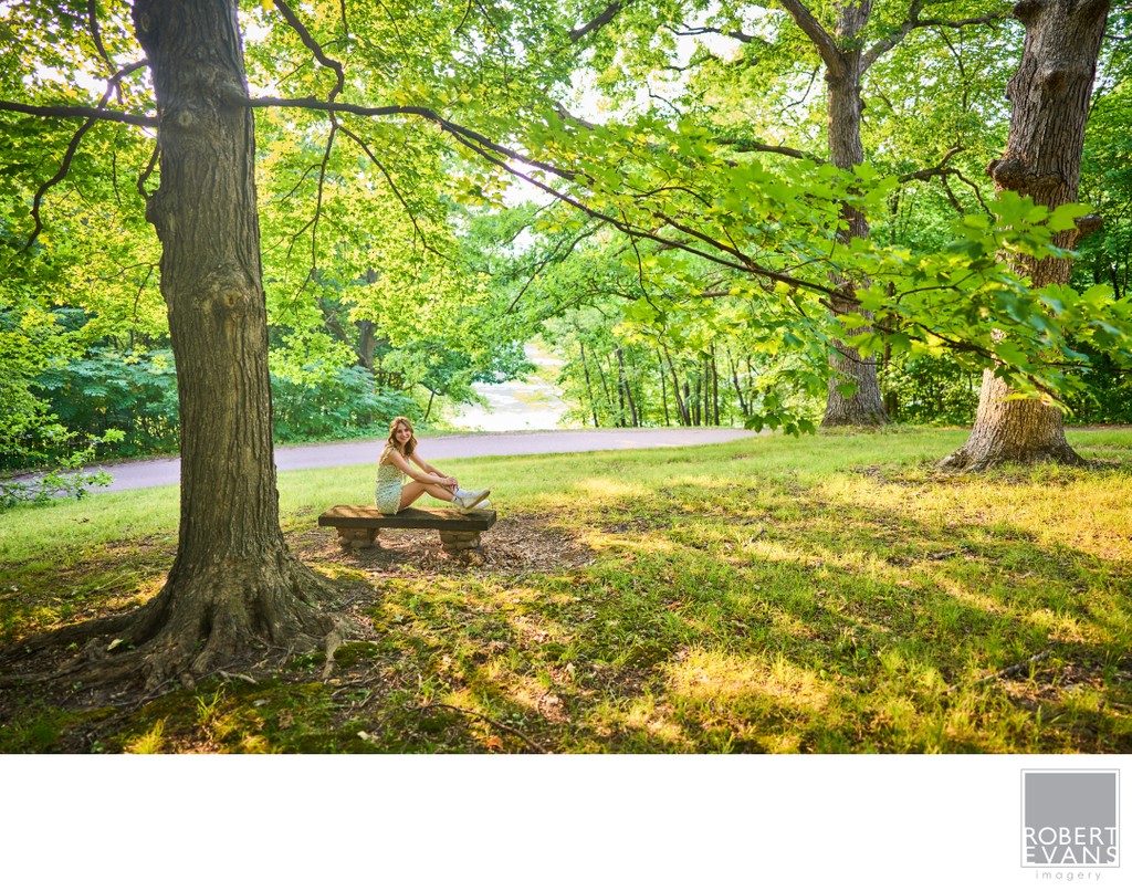 Wayzata Senior Portrait  On A Bench In A Forest Of Green Trees