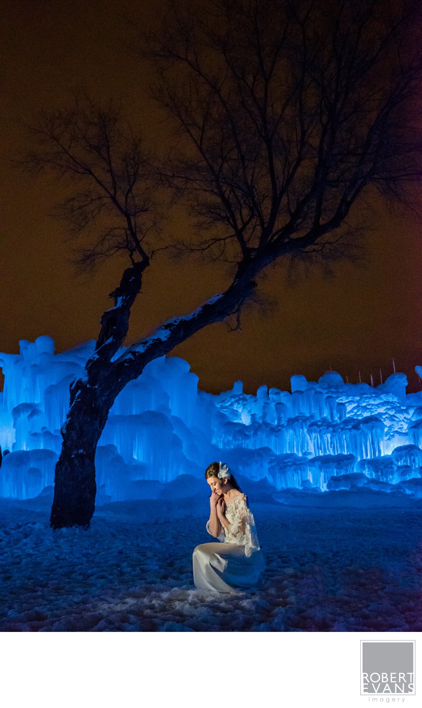 Wedding Pictures at Night Ice Castles Minnesota Bridal Portrait.