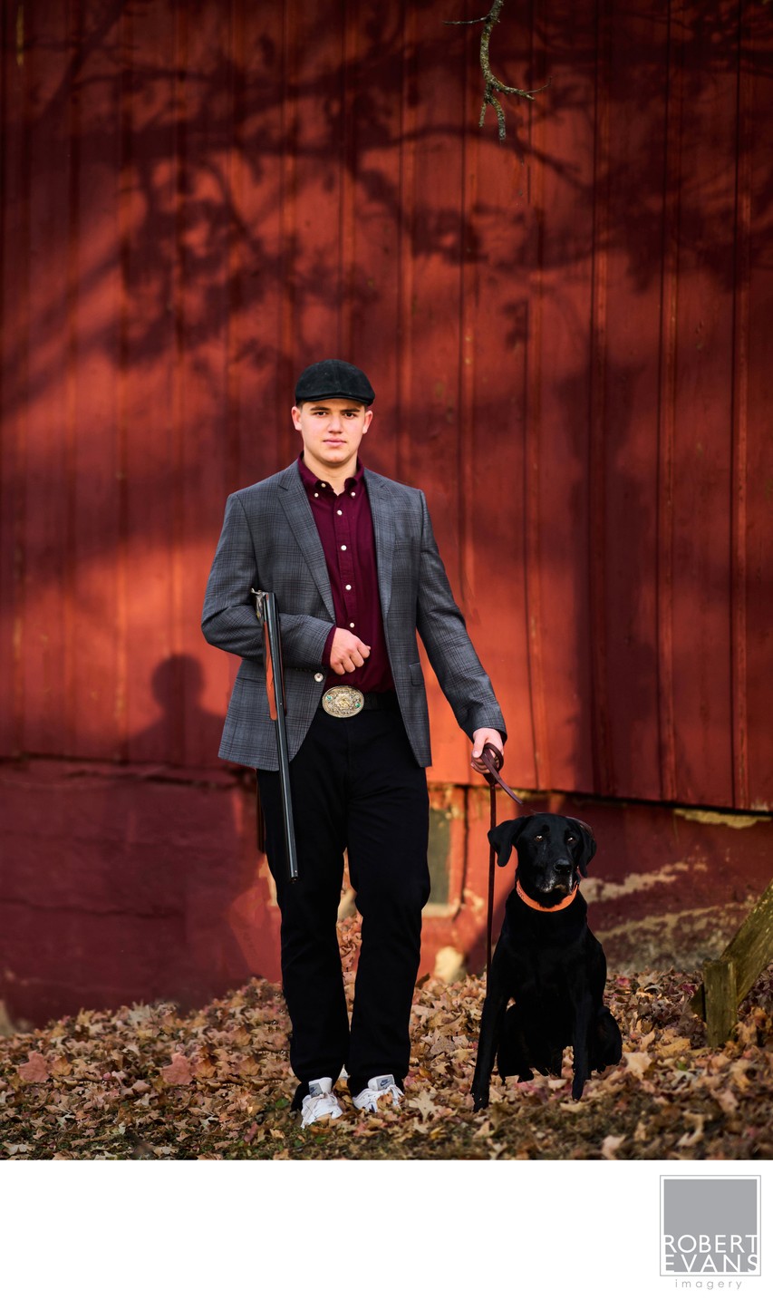 Hunting Themed Senior Portrait with dog, Excelsior MN.