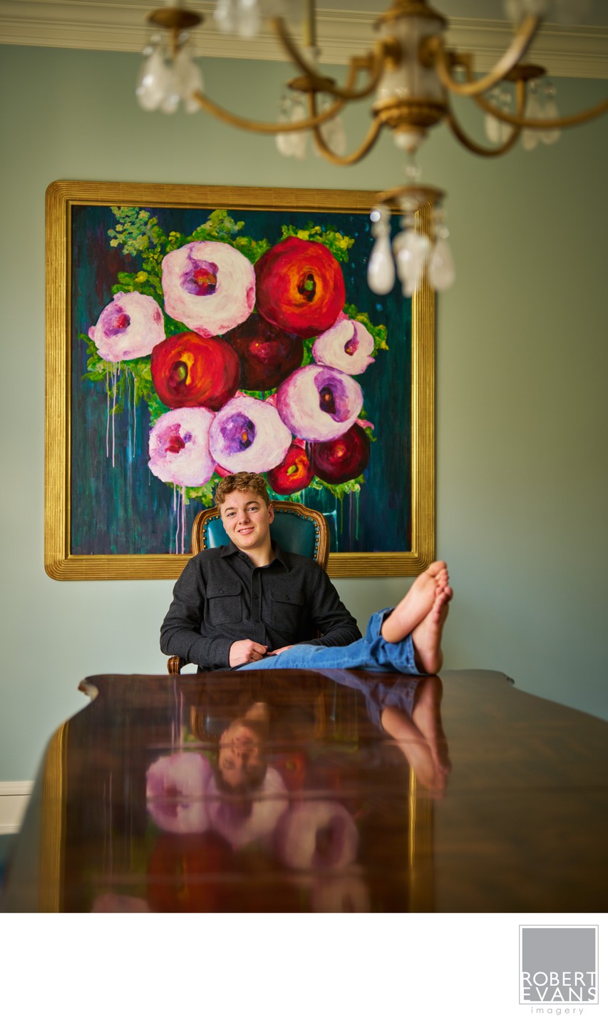 Senior Portrait at home with a favorite piece of art Edina Minnesota