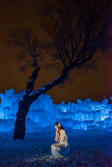 Wedding Pictures at Night Ice Castles Minnesota Bridal Portrait.