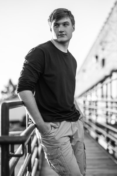 Black & White image of this Breck senior boy was taken in downtown Minneapolis