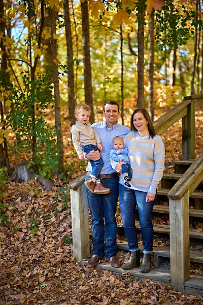 Family of four on wooded steps