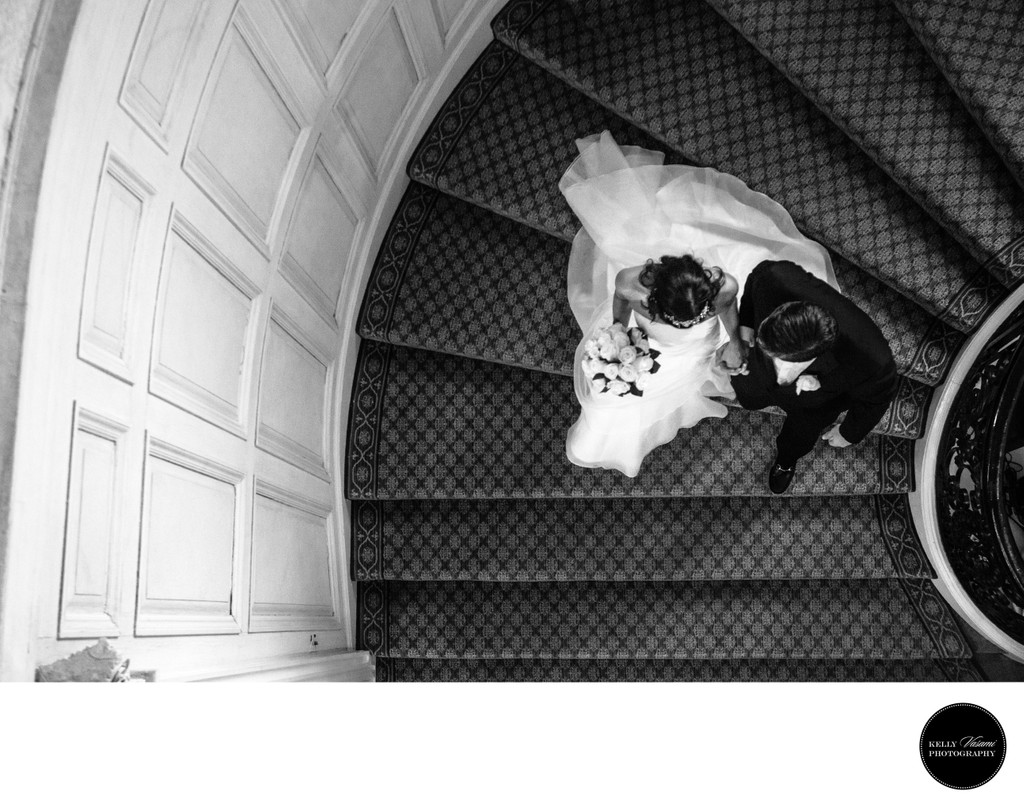 Bride & Groom | Staircase Sleepy Hollow Country Club 