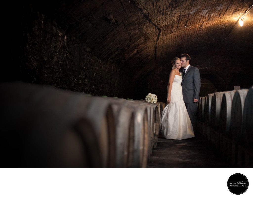 Brotherhood Winery | Bride & Groom in Wine Cellar