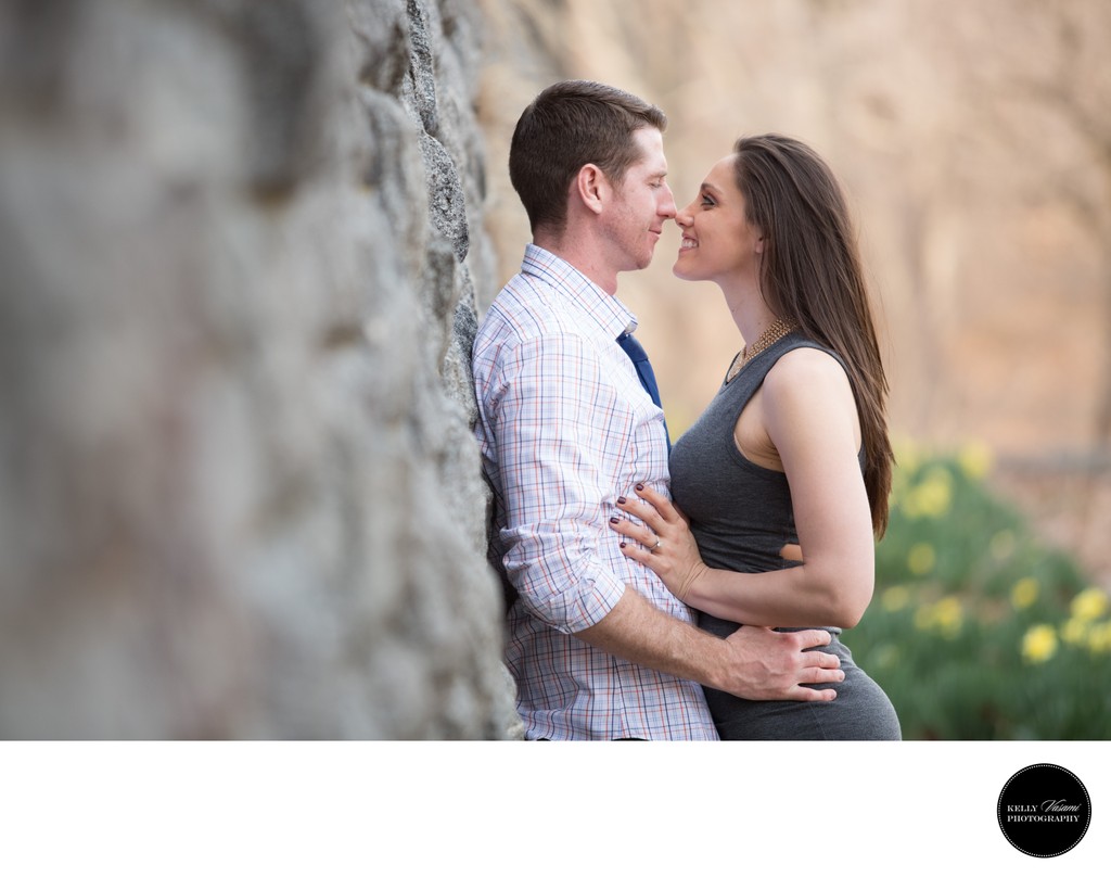 Westchester Engagement Session | stone wall and flowers