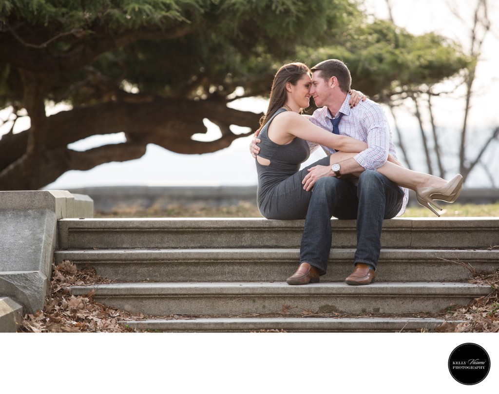 Couple Kissing on the Steps | Engagement Session