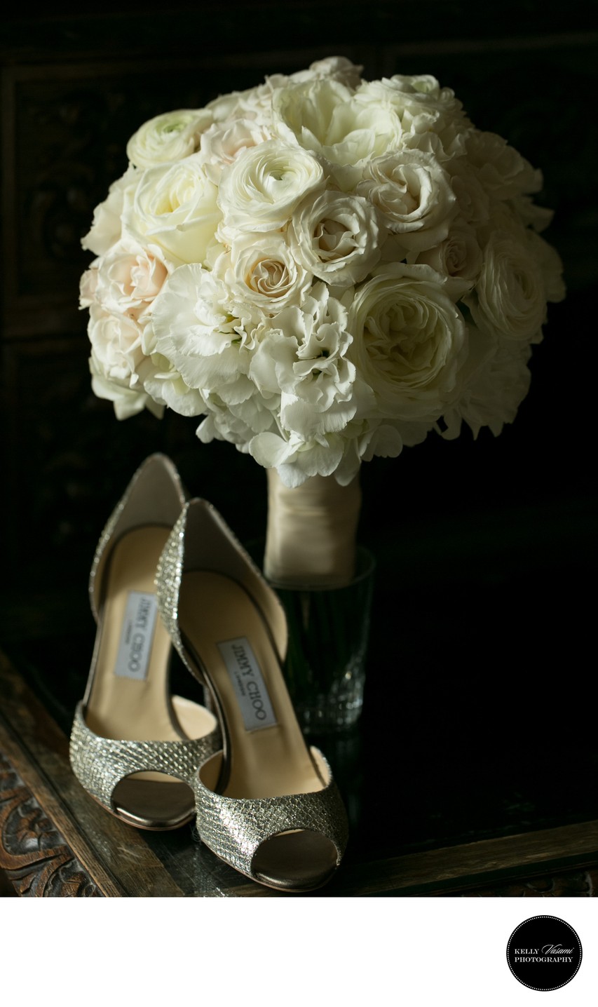 jimmy choo shoes and white wedding flowers