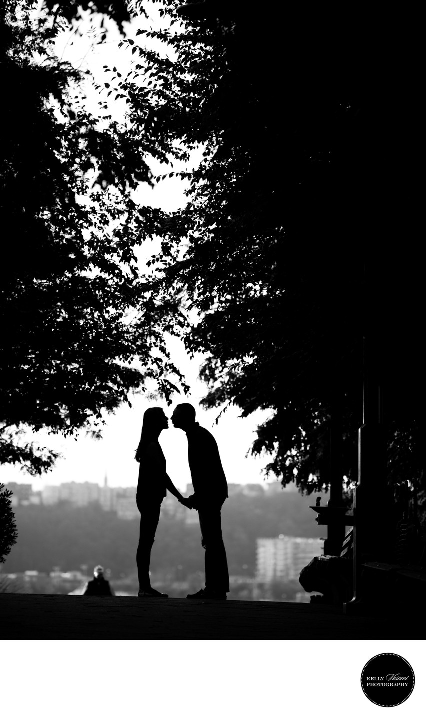 park Silhouette kiss engagement session westchester NY