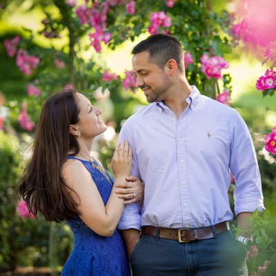 Couple surrounded by pink roses at engagement session