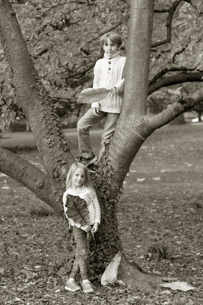 Boy and Girl Photograph in Tree at Park B&W