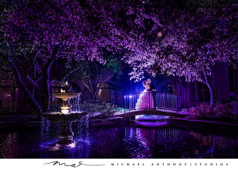 Hotel Wedding in Courtyard With Creative Light