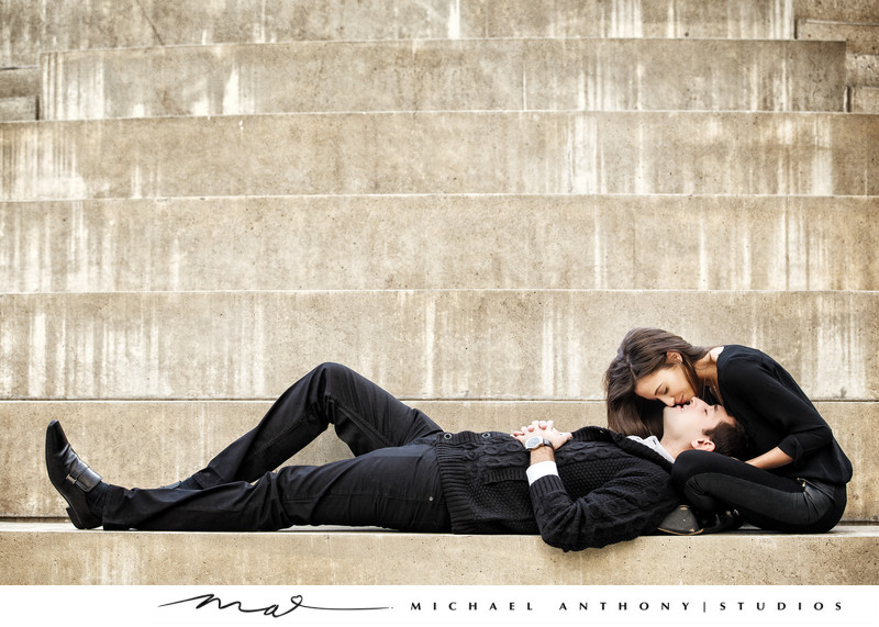 A bride and Groom on the stairs at Walt Disney Concert Hall