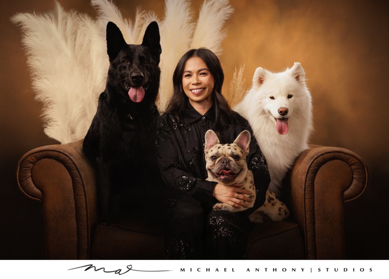 Elegant Portrait of Woman with Three Dogs in Dallas Studio